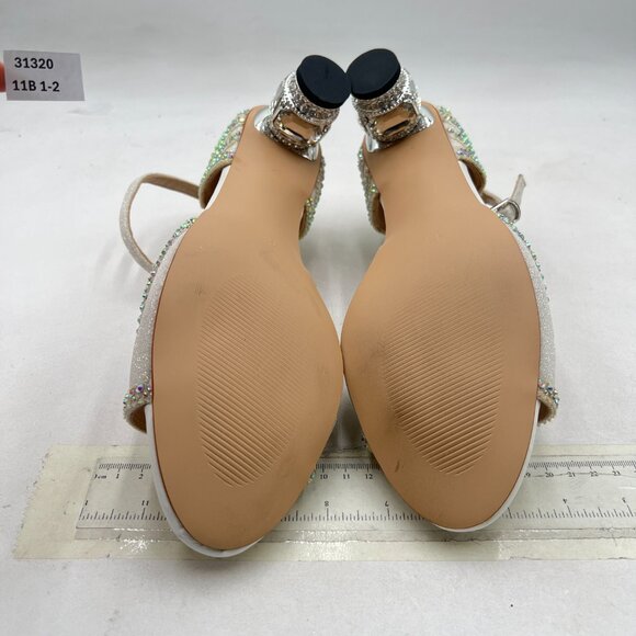 XYD White Glitter Bridal Evening Peep Toe Rhinestone Studs Block Low Heel Sandal - Picture 7 of 8